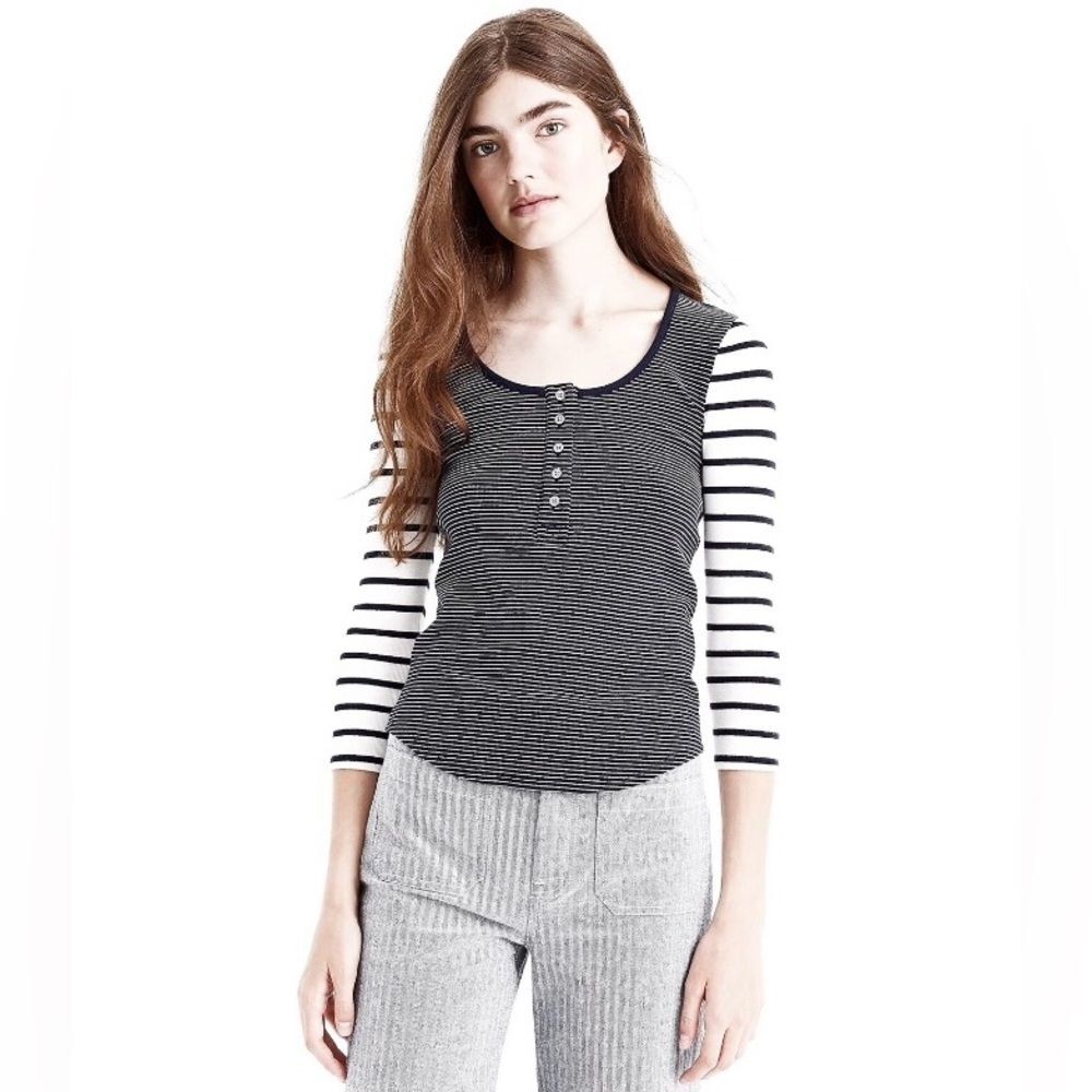 J. Crew Navy and White Striped Scoop Neck Ribbed Long Sleeve Henley - Picture 3 of 14